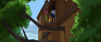 Movie still from “The Bob's Burgers Movie” (2022), directed by Loren Bouchard – A person standing on a balcony with a bunny rabbit; Extreme Wide shot, Low angle