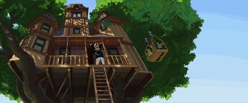 Movie still from “The Bob's Burgers Movie” (2022), directed by Loren Bouchard – An animated picture of a man on a wooden platform; Extreme Wide shot, Low angle