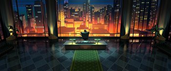 Movie still from “The Boss Baby 2: Family Business” (2021), directed by Tom McGrath – An image of a person sitting in front of a large window; Extreme Wide shot, Low angle