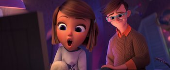 Movie still from “The Boss Baby 2: Family Business” (2021), directed by Tom McGrath – A girl and a boy are sitting in front of each other; Close Up shot, Over the shoulder angle