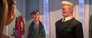 Movie still from “The Boss Baby 2: Family Business” (2021), directed by Tom McGrath – Two animated characters standing next to each other; Medium shot, Over the shoulder angle