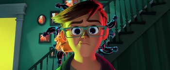 Movie still from “The Boss Baby 2: Family Business” (2021), directed by Tom McGrath – A boy with glasses is looking at the camera; Close Up shot, Low angle