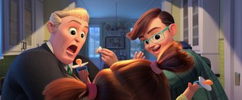 Movie still from “The Boss Baby 2: Family Business” (2021), directed by Tom McGrath – A couple of people that are eating some food; Medium shot, Over the shoulder angle