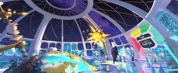 Movie still from “The Boss Baby 2: Family Business” (2021), directed by Tom McGrath – An animated scene of a man in a suit and tie in front of a globe; Extreme Wide shot, Low angle