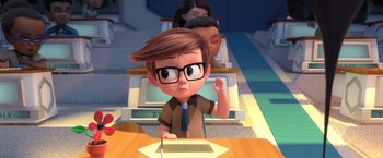 Movie still from “The Boss Baby 2: Family Business” (2021), directed by Tom McGrath – A cartoon of a boy with glasses writing on a piece of paper; Medium shot, High angle