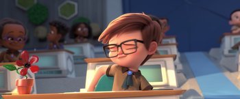 Movie still from “The Boss Baby 2: Family Business” (2021), directed by Tom McGrath – A cartoon of a boy wearing glasses and a tie; Close Up shot, Over the shoulder angle