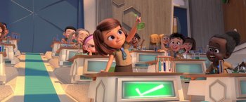 Movie still from “The Boss Baby 2: Family Business” (2021), directed by Tom McGrath – An animated girl is holding a frisbee in front of a group of people; Medium shot, Over the shoulder angle