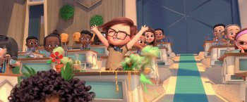 Movie still from “The Boss Baby 2: Family Business” (2021), directed by Tom McGrath – A group of kids in a room with a man in a brown shirt; Medium shot, Low angle