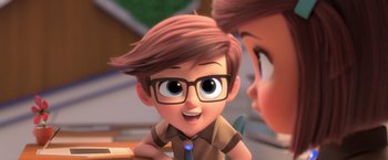 Movie still from “The Boss Baby 2: Family Business” (2021), directed by Tom McGrath – A cartoon of a boy wearing glasses looking at another boy; Close Up shot, Over the shoulder angle