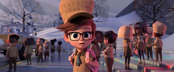 Movie still from “The Boss Baby 2: Family Business” (2021), directed by Tom McGrath – A cartoon of a boy with a hat on his head; Medium shot, Over the shoulder angle