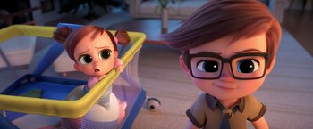Movie still from “The Boss Baby 2: Family Business” (2021), directed by Tom McGrath – A boy and a girl are in a baby crib together; Close Up shot, Over the shoulder angle