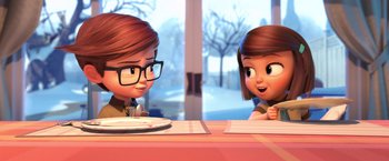 Movie still from “The Boss Baby 2: Family Business” (2021), directed by Tom McGrath – Two cartoon girls sitting at a table with a plate of food in front of them; Medium shot, Over the shoulder angle