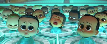 Movie still from “The Boss Baby 2: Family Business” (2021), directed by Tom McGrath – A group of cartoon characters in a room; Medium shot, High angle