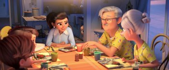 Movie still from “The Boss Baby 2: Family Business” (2021), directed by Tom McGrath – An old man sitting at a table with a young woman; Wide shot, Over the shoulder angle