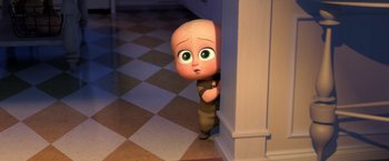 Movie still from “The Boss Baby 2: Family Business” (2021), directed by Tom McGrath – A cartoon of a boy hiding behind a wall; Medium shot, High angle