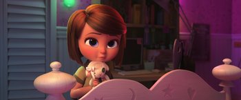 Movie still from “The Boss Baby 2: Family Business” (2021), directed by Tom McGrath – A girl holding a stuffed animal in her hand; Medium shot, Over the shoulder angle