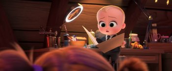 Movie still from “The Boss Baby 2: Family Business” (2021), directed by Tom McGrath – A cartoon character is holding a paper in his hands; Medium shot, Over the shoulder angle