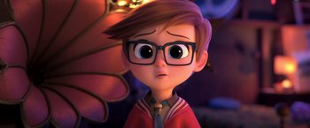 Movie still from “The Boss Baby 2: Family Business” (2021), directed by Tom McGrath – A cartoon of a boy wearing glasses and a red shirt; Close Up shot, High angle