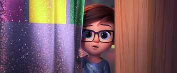 Movie still from “The Boss Baby 2: Family Business” (2021), directed by Tom McGrath – A girl with glasses is looking out of a window; Close Up shot, Over the shoulder angle