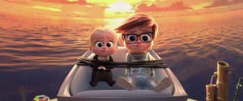 Movie still from “The Boss Baby 2: Family Business” (2021), directed by Tom McGrath – A couple of cartoon characters sitting on top of a boat in the water; Medium shot, High angle