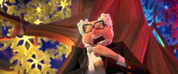 Movie still from “The Boss Baby 2: Family Business” (2021), directed by Tom McGrath – A cartoon of a man in a suit and tie; Medium shot, Low angle