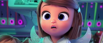 Movie still from “The Boss Baby 2: Family Business” (2021), directed by Tom McGrath – An animated girl with a surprised look on her face; Close Up shot, Over the shoulder angle