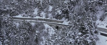 Movie still from “The Bourne Identity” (2002), directed by Doug Liman – A bridge in the middle of a forest covered in snow; Extreme Wide shot, Overhead angle