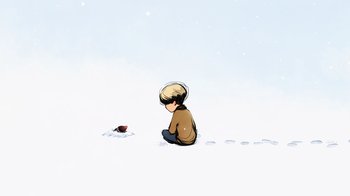 Movie still from “The Boy, the Mole, the Fox and the Horse” (2022), directed by Peter Baynton – A boy sitting in the snow looking at a snail; Extreme Wide shot, High angle