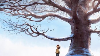Movie still from “The Boy, the Mole, the Fox and the Horse” (2022), directed by Peter Baynton – A person standing under a large tree in the snow; Extreme Wide shot, Low angle