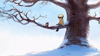 Movie still from “The Boy, the Mole, the Fox and the Horse” (2022), directed by Peter Baynton – A boy sitting on a tree branch with a penguin on the branch; Wide shot, Low angle