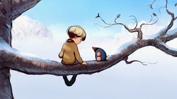 Movie still from “The Boy, the Mole, the Fox and the Horse” (2022), directed by Peter Baynton – A boy sitting on top of a tree branch next to a bird; Wide shot, Low angle