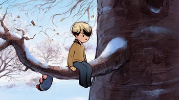 Movie still from “The Boy, the Mole, the Fox and the Horse” (2022), directed by Peter Baynton – A boy sitting on a tree branch in the snow; Wide shot, Low angle