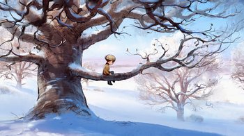Movie still from “The Boy, the Mole, the Fox and the Horse” (2022), directed by Peter Baynton – A boy sitting on a tree branch in the snow; Extreme Wide shot, Low angle