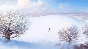 Movie still from “The Boy, the Mole, the Fox and the Horse” (2022), directed by Peter Baynton – A person riding skis on top of a snow covered slope; Extreme Wide shot, Low angle