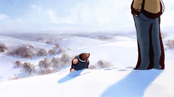 Movie still from “The Boy, the Mole, the Fox and the Horse” (2022), directed by Peter Baynton – An animal is laying in the snow on a hill; Extreme Wide shot, Low angle