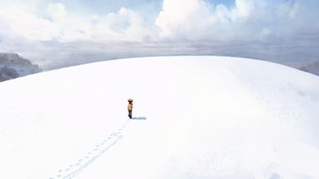 Movie still from “The Boy, the Mole, the Fox and the Horse” (2022), directed by Peter Baynton – A person standing on a snow covered slope; Extreme Wide shot, High angle