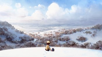 Movie still from “The Boy, the Mole, the Fox and the Horse” (2022), directed by Peter Baynton – A person sitting on the ground in the snow looking out at the sky; Extreme Wide shot, High angle