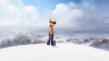 Movie still from “The Boy, the Mole, the Fox and the Horse” (2022), directed by Peter Baynton – A boy standing in the snow with a cat on his feet; Wide shot, Low angle