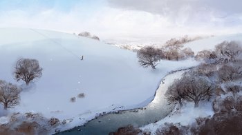 Movie still from “The Boy, the Mole, the Fox and the Horse” (2022), directed by Peter Baynton – A person is skiing down a snowy hill; Extreme Wide shot, High angle