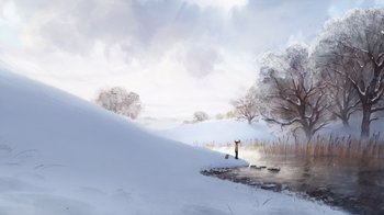 Movie still from “The Boy, the Mole, the Fox and the Horse” (2022), directed by Peter Baynton – A person standing on the side of a river near a snowy hill; Extreme Wide shot, Low angle