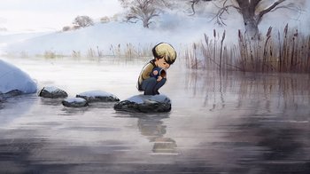 Movie still from “The Boy, the Mole, the Fox and the Horse” (2022), directed by Peter Baynton – A boy sitting on rocks in a body of water; Wide shot, High angle