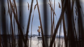 Movie still from “The Boy, the Mole, the Fox and the Horse” (2022), directed by Peter Baynton – A person standing in the middle of a body of water; Extreme Wide shot, High angle