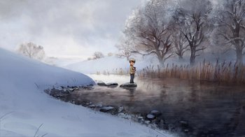 Movie still from “The Boy, the Mole, the Fox and the Horse” (2022), directed by Peter Baynton – A painting of a person standing on rocks in the water; Extreme Wide shot, High angle