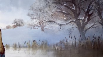 Movie still from “The Boy, the Mole, the Fox and the Horse” (2022), directed by Peter Baynton – A painting of a tree and a body of water with reeds in the foreground; Extreme Wide shot, Low angle