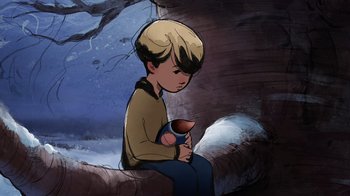 Movie still from “The Boy, the Mole, the Fox and the Horse” (2022), directed by Peter Baynton – A boy sitting on a log holding a stuffed animal; Close Up shot, Low angle