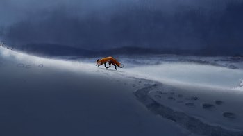 Movie still from “The Boy, the Mole, the Fox and the Horse” (2022), directed by Peter Baynton – An animal is walking on the snow covered ground; Extreme Wide shot, High angle