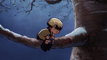 Movie still from “The Boy, the Mole, the Fox and the Horse” (2022), directed by Peter Baynton – A boy sitting on a tree branch looking up at the sky; Medium shot, Low angle