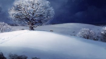 Movie still from “The Boy, the Mole, the Fox and the Horse” (2022), directed by Peter Baynton – A painting of a lone fox in a snowy field; Extreme Wide shot, Low angle