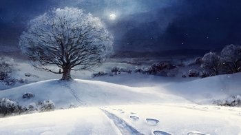 Movie still from “The Boy, the Mole, the Fox and the Horse” (2022), directed by Peter Baynton – A painting of a tree in the middle of a snowy field; Extreme Wide shot, Low angle