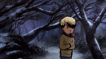 Movie still from “The Boy, the Mole, the Fox and the Horse” (2022), directed by Peter Baynton – A cartoon of a boy in the woods with a pipe in his mouth; Wide shot, High angle